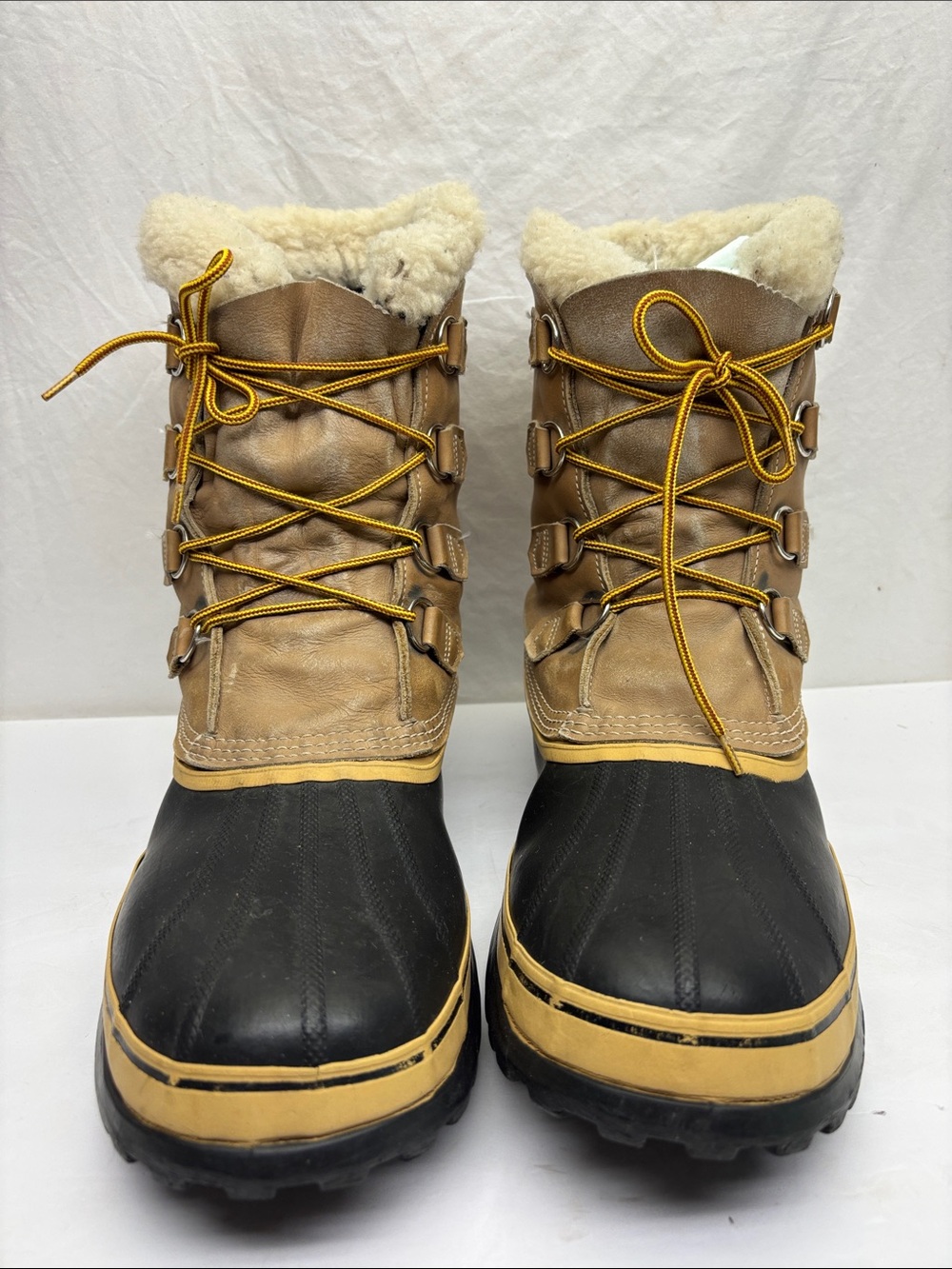 Sorel Caribou Shearling-Lined Waterproof Duck Boots in Tan & Black, SZ 13